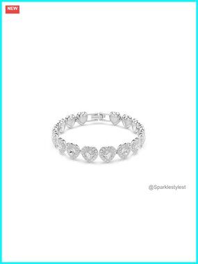 Swarovski Crystal Heart Bracelet, Rhodium Finish Bangle, Clear Crystal & Pearls